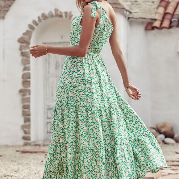 Women's Summer Floral One Shoulder Maxi Dress Knot Ruffle Boho Beach Vacation We - Picture 3 of 5